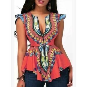 Women's Short Sleeve National Style Totem Printed Blouse Small/Medium
